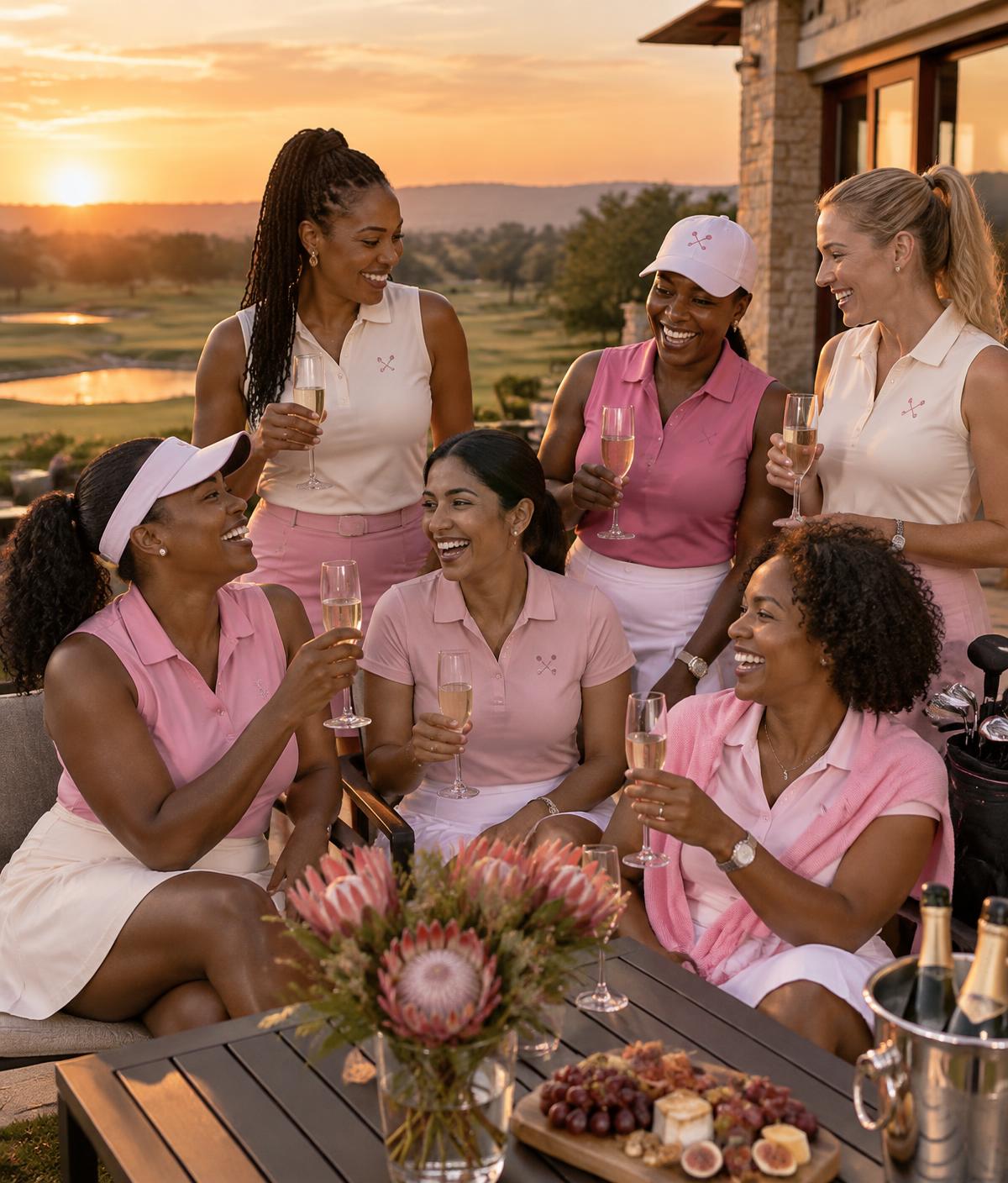 Pretty Putters members together on a clubhouse terrace